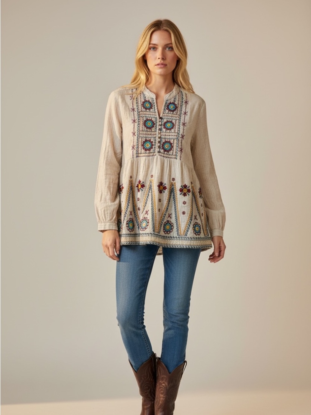 Johnny Was Workshop S Cotton Embroidered Striped Boho Peasant Tunic Blouse
